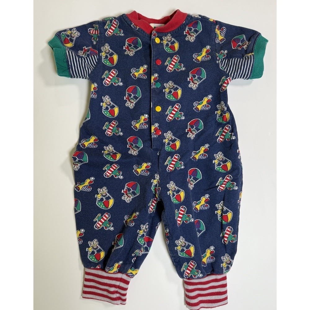 Vintage Gymboree Romper Coverall Plane Teddy Bear Parachute Colorful 90s Newborn